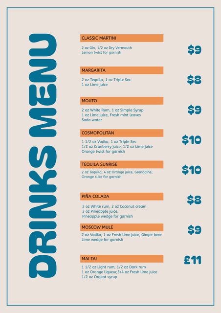 Modern drinks menu template featuring popular cocktails such as Martini, Margarita, and Mojito. Elements include drink names, ingredient details, and prices, presented in a clear and readable format. Ideal for use in bars, restaurants, and cafes looking to showcase their beverage selections in a stylish way.
