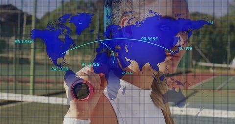 Female Tennis Player with Digital World Map Overlay
