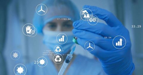 Healthcare technician drawing vaccine from vial with syringe and digital biotech data overlays