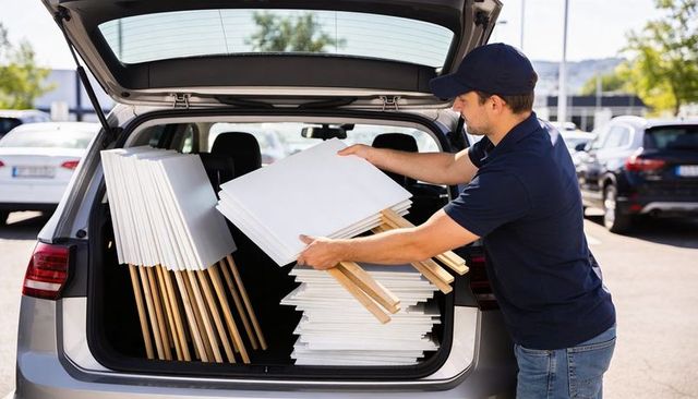Delivery worker loading wooden panel signs into hatchback trunk in sunny parking lot