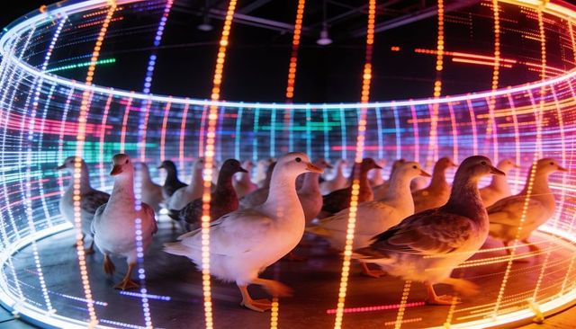Ducks waddling inside multicolor led ring installation at contemporary light exhibition