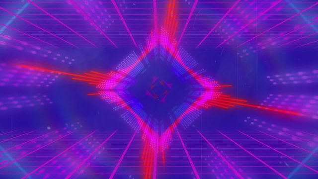 Vibrant neon lights forming purple triangles within a grid network create a modern digital aesthetic. Ideal for use in futuristic designs, video game backdrops, and tech-related projects focusing on innovation and modernity.