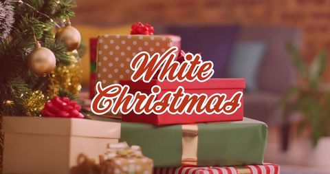 Festive christmas presents with holiday greeting overlay