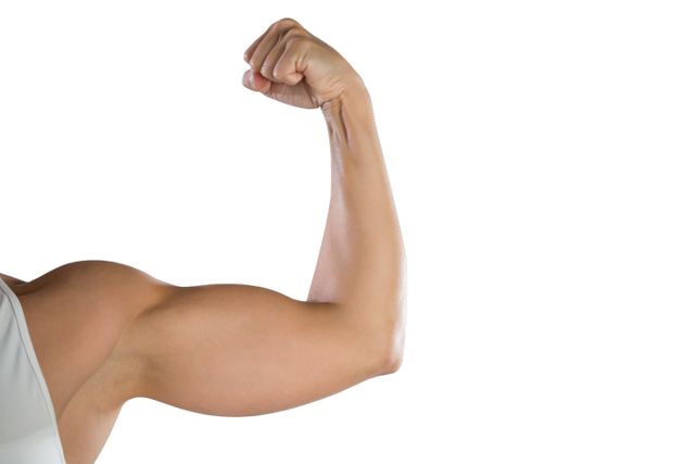 Cropped image of sportswoman flexing muscles against white background