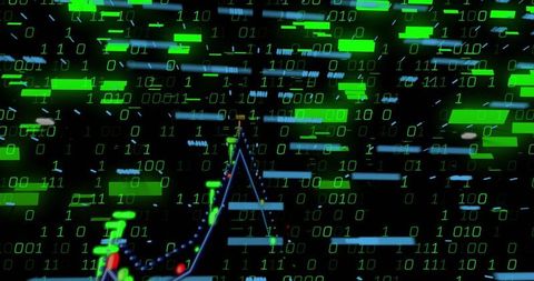 Streaming binary overlay on neon analytics dashboard with glowing bars and trend line
