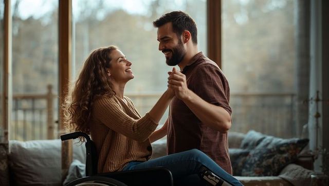 Romantic Couple Dancing by Window Embracing Joy