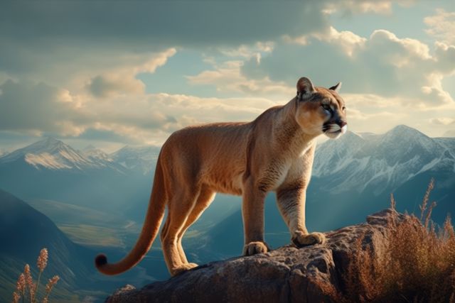 Cougar standing proudly on a rocky cliff, with a majestic view of mountains in the background. Ideal for nature documentaries, wildlife magazines, educational websites, and environmental conservation campaigns to highlight natural habitats and apex predators.
