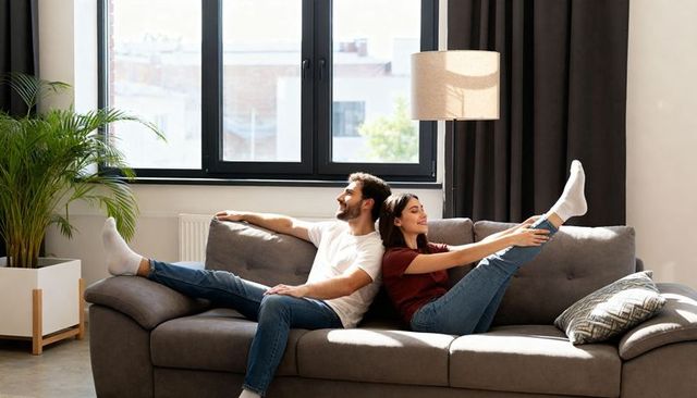 Young couple stretching and relaxing on modern gray sofa in sunlit urban apartment