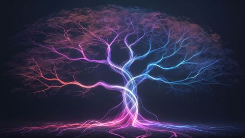 Neon dreaming tree with luminous roots in mysterious darkness