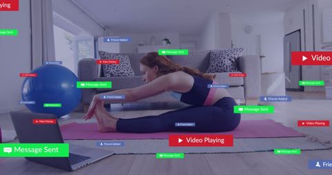 Fit Woman Practicing Yoga Amid Social Media Distractions at Home