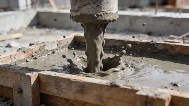 Pouring wet concrete into wooden formwork splashing slurry on worksite foundation