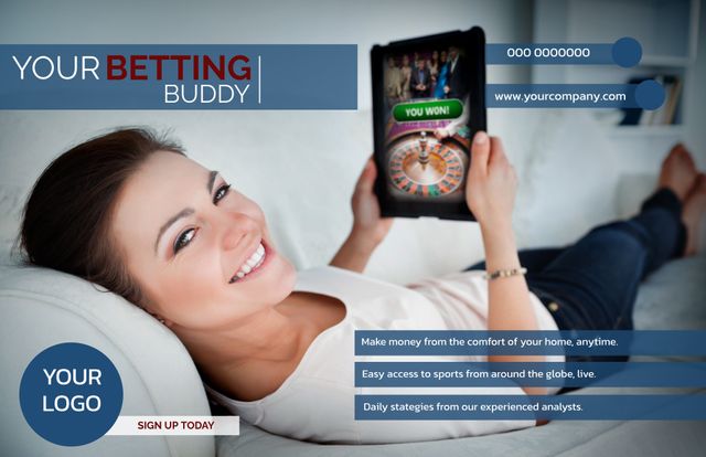 This image shows a happy woman lying on a couch using a tablet, representing the ease of winning with a betting app. It is ideal for advertising online gambling, betting apps, or technology-related services. Perfect to engage users interested in entertainment, technology, or making money from the comfort of their homes.