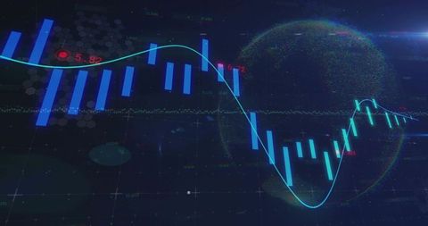 Neon financial dashboard with candlestick bars and cyan trend line tracing market recovery