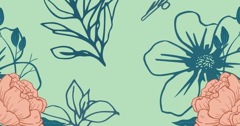 Floral illustrations with soft pink blossoms on green