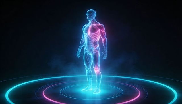 Neon hologram anatomy model projecting on circular rings highlighting shoulder and knee