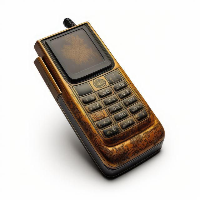 Antique style mobile phone featuring intricate carvings and vintage design. Perfect for themes involving retro technology, unique craftsmanship, and old-fashioned communication. Suitable for advertisements, historical settings, decorators, and collectors.