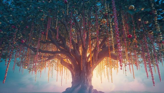 Majestic tree adorned with vibrant beads at sunrise