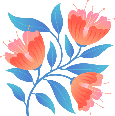 Floral Branch with Gradient Blooms and Blue Leaves on Transparent Background