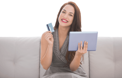 Happy Biracial Woman Shopping Online with Tablet on Transparent Background