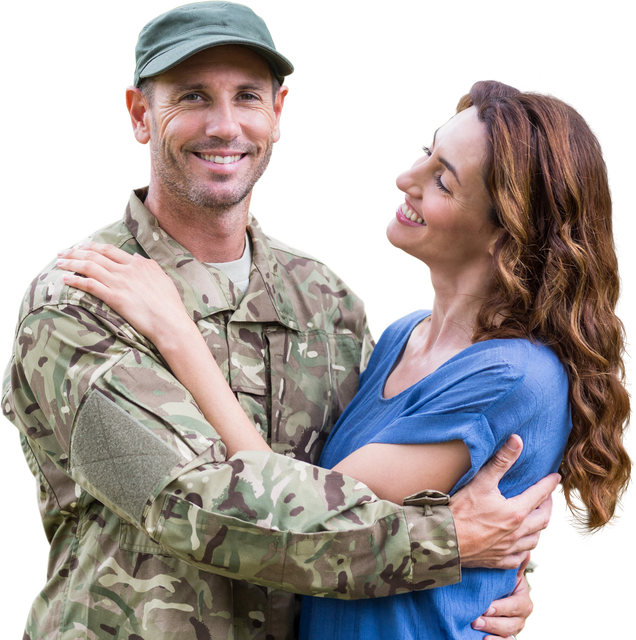 Muscular Army Man Hugging Loving Wife Embraced in Camouflage Uniform on Transparent Background - Download Free Stock Videos Pikwizard.com