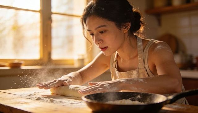 Sunlit rustic baking - asian woman kneading dough with skillet and flour dust
