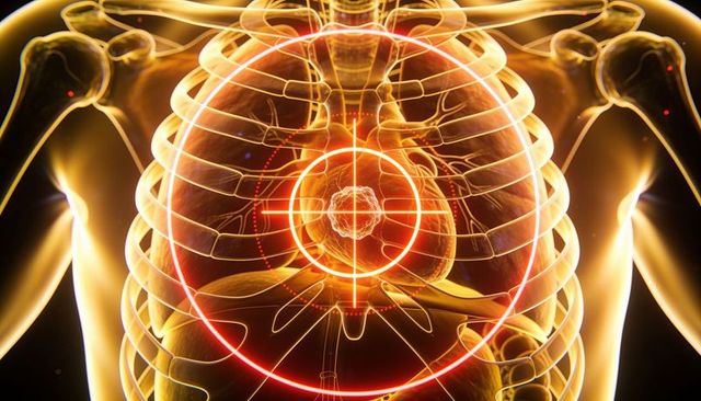 Translucent thorax highlighting glowing heart with target rings, 3d medical render