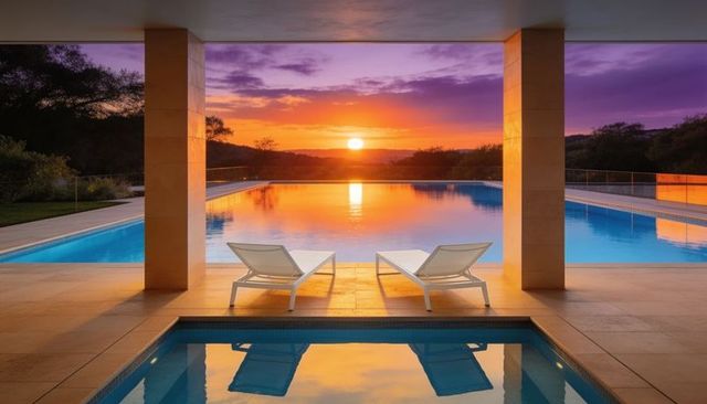 Sunset infinity pool reflecting vibrant sky, twin loungers framing panoramic horizon
