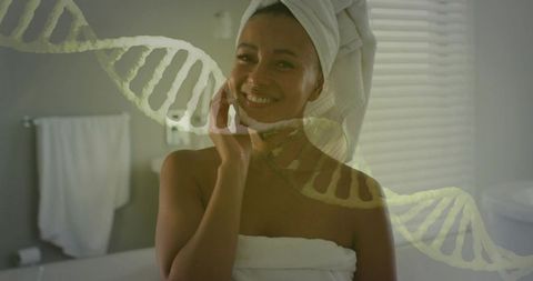 Smiling woman with dna helix overlay promoting genomic skincare and biotech wellness
