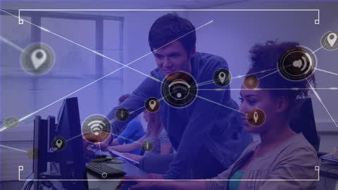 Students Collaborating on Computer with Digital Network Overlay