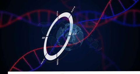 Rotating Segmented Ring Circling Globe with Neon DNA Ribbons in Futuristic Holographic HUD