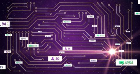 Futuristic Circuit Network with Social Media Notifications in Purple Galaxy