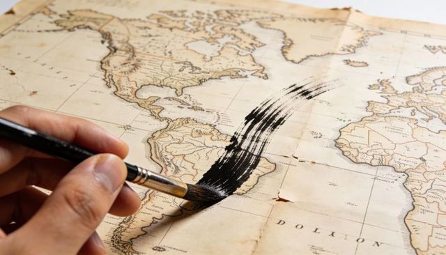 Painting black ink stroke across antique world map on creased paper