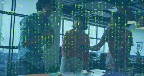 Leading diverse team presenting data-driven cybersecurity strategy with binary overlay