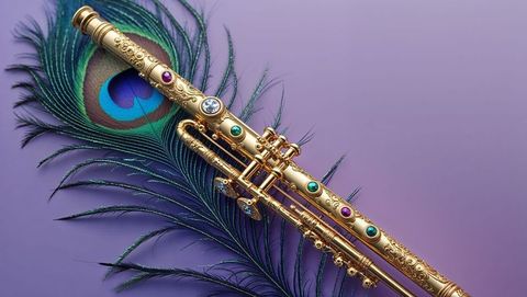 Ornate golden flute of krishna on lavender with peacock feather detailing