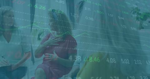 People Engaged in Creative Discussion with Stock Market Data Overlay