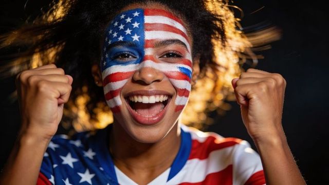 Triumphant fan cheering, american flag face paint and jersey, raising fists under rimlight