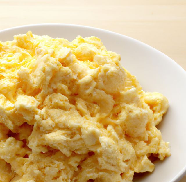 Close-up of creamy scrambled eggs in a white bowl, placed on a light wooden table. Ideal for illustrating recipes, cooking blogs, breakfast menus, or healthy eating articles. The yellow hue and fluffy texture make the dish inviting and visually appealing.