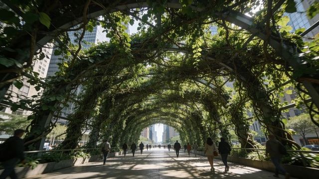 Urban vine-covered archway creating green tunnel over downtown promenade with walking commuters