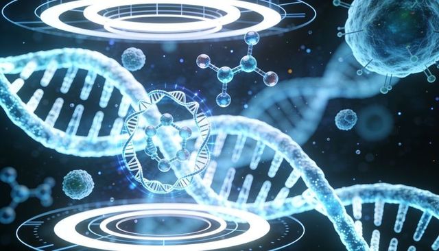 Glowing dna double helix with molecular structures and futuristic hud rings for genomics