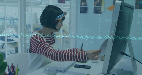 Innovative analysis: businesswoman processing global financial data