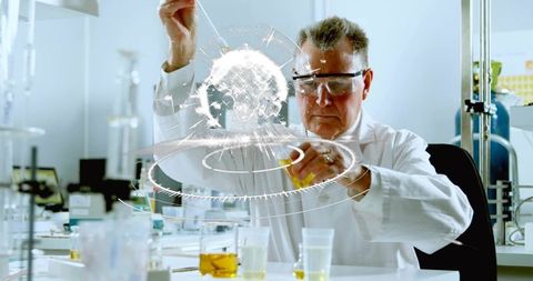 Senior Scientist Leading Futuristic Lab Research with Holographic Globe Data Visualization