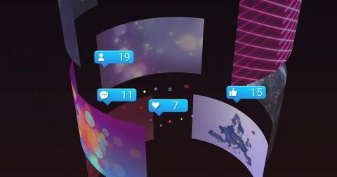 Rotating holographic data panels spiraling through neon vr space with social notifications