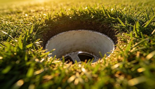 Close-up golf hole cup showing white liner, metal insert, dewy putting green at golden hour
