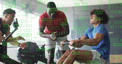 Personal Trainer Guiding Rowing Session with Digital Binary Overlay
