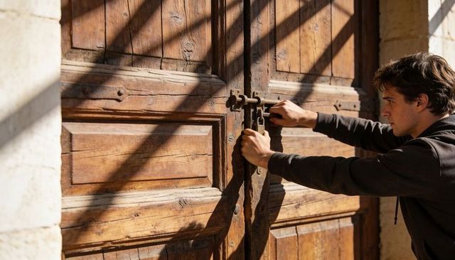 Young man locking weathered wooden doors with heavy padlock at stone doorway