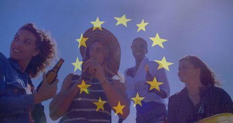 Friends celebrating under blue sky with european stars motif