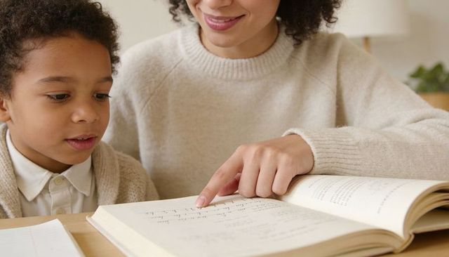 Woman pointing and teaching child reading from open workbook at cozy table