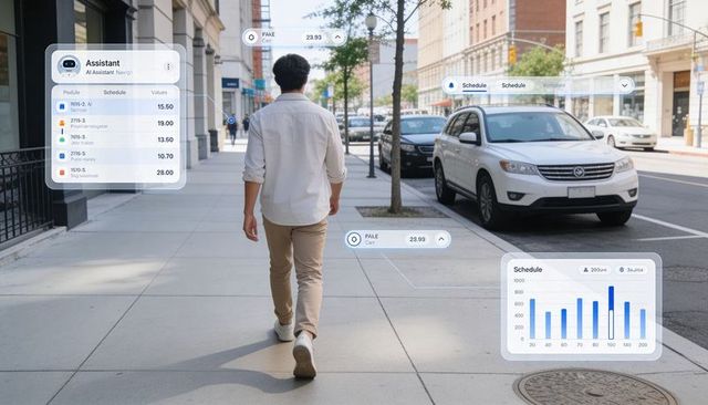 Walking man using augmented reality navigation with hud overlays on urban sidewalk and parked suv