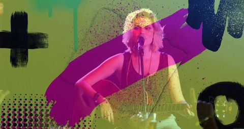 Live musician playing guitar with abstract artistic background