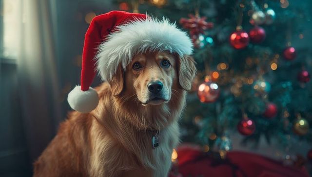 Golden Retriever in Santa Hat by Christmas Tree